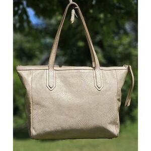 Fossil Women Sydney Shopper Shoulder Bag Gold Metallic Leather Tote Bag LG